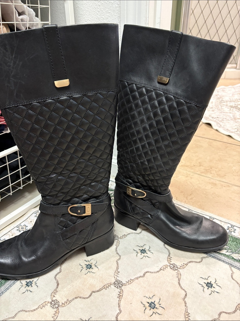 Quilted Knee-High Riding Boots in Black with Gold Accents